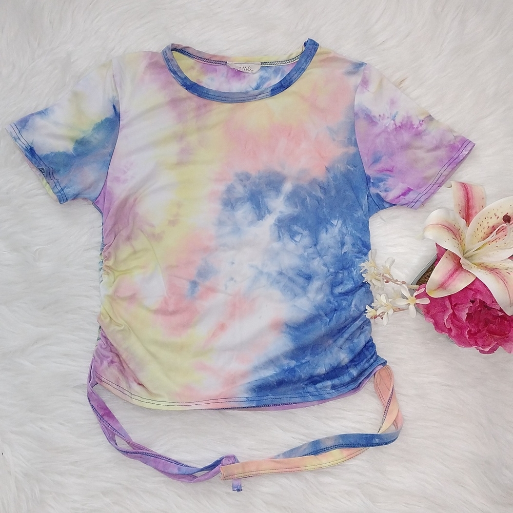 Pinc Premium Tie Dye Shirt Women's Size M Ruched Side Tie Short Sleeve Stretch